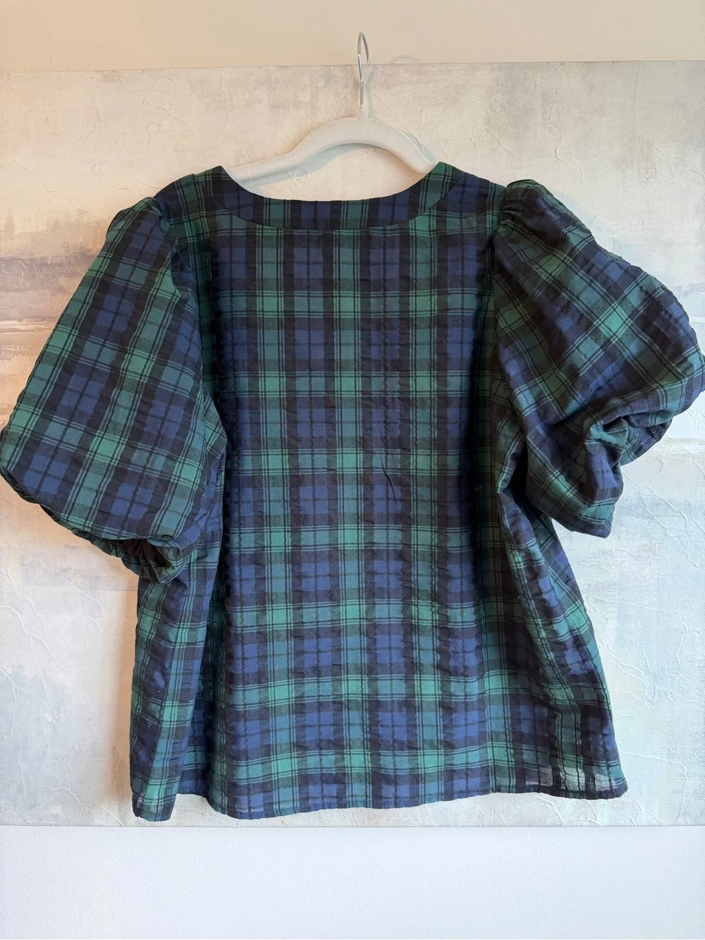 LOFT Green Blue Plaid Puff Sleeve V-Neck Blouse Top Southern Preppy Medium